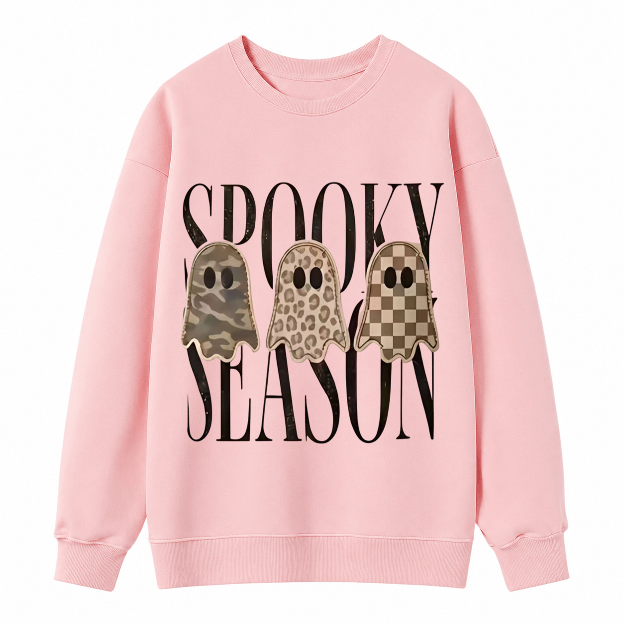 Spooky Season Ghost Graphic Sweatshirt – Camo, Leopard & Checkered Halloween Crewneck Pullover