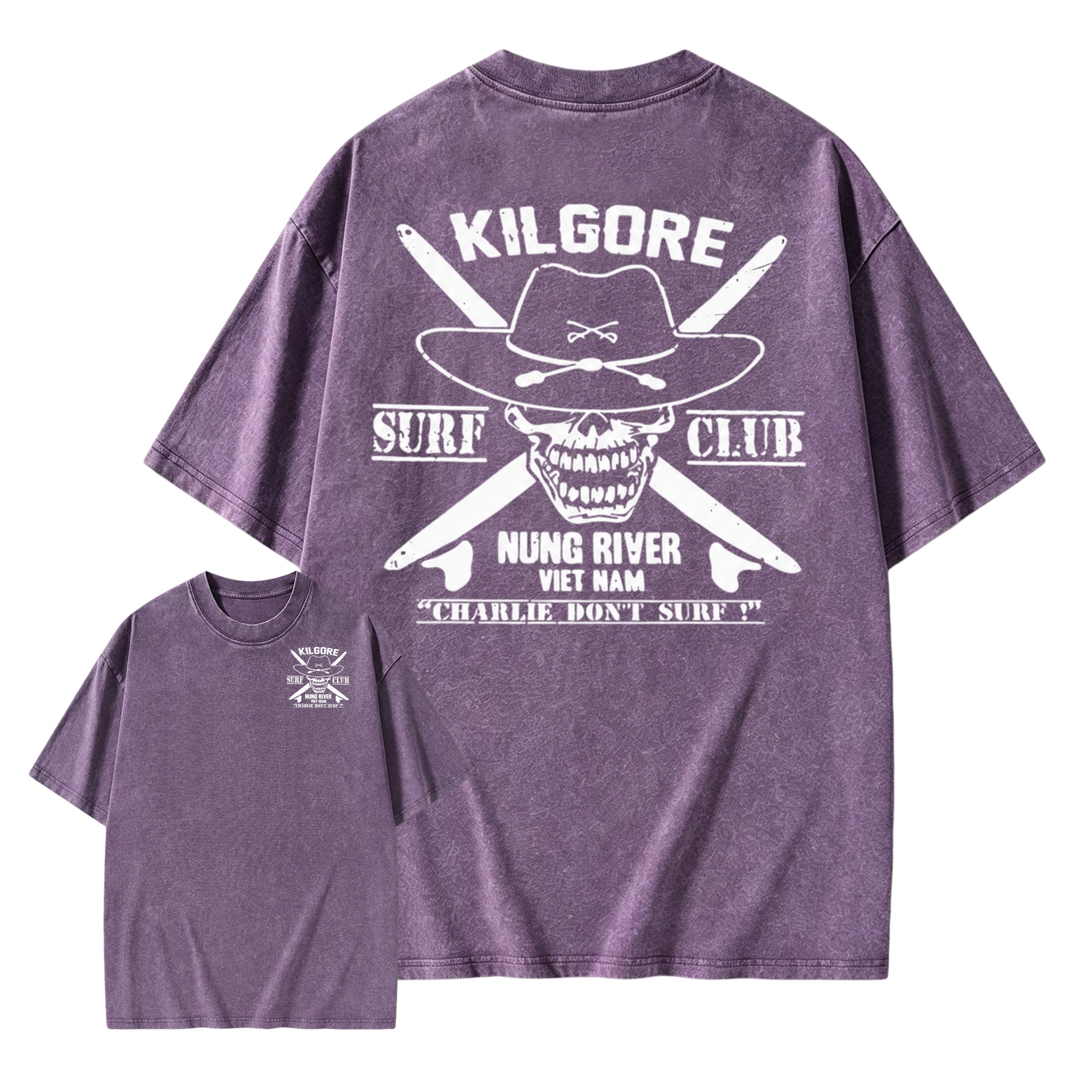 Kilgore Surf Club Nung River Viet Nam Acid Wash T-Shirt | Apocalypse Now Charlie Don't Surf Double Sided Vintage Tee