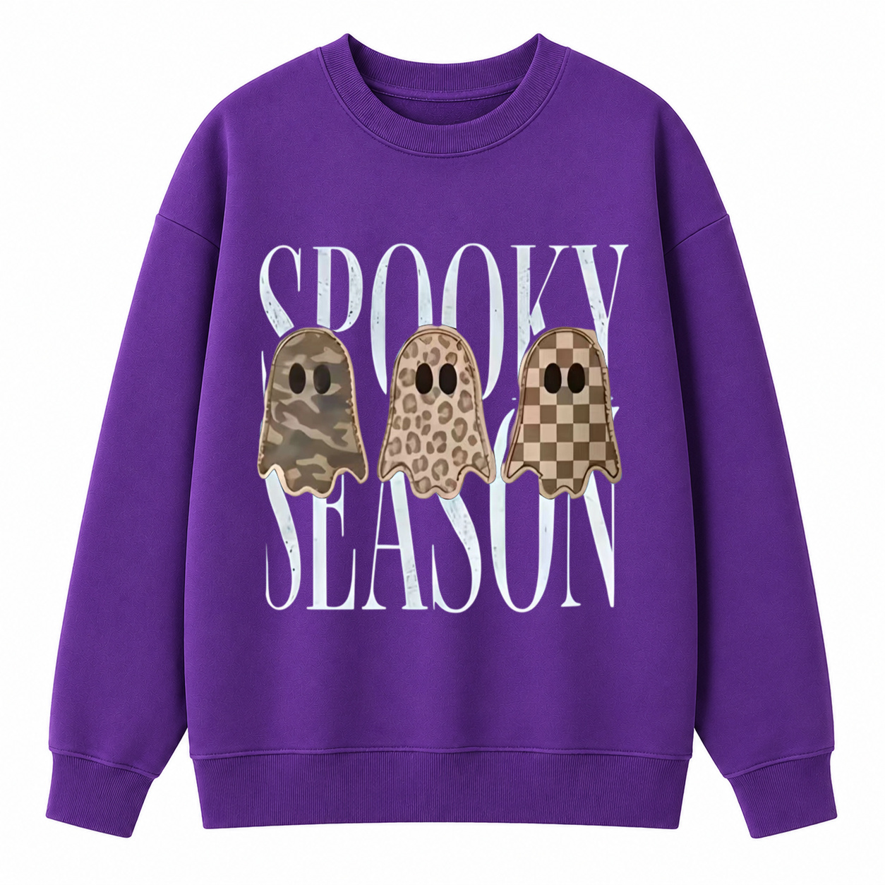 Spooky Season Ghost Graphic Sweatshirt – Camo, Leopard & Checkered Halloween Crewneck Pullover