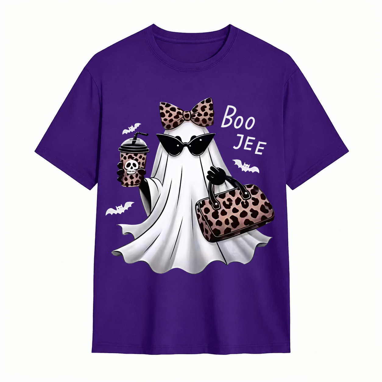 Spooky Chic Ghost Graphic Halloween T-Shirt – Cute Leopard Print Bow & Coffee Casual Tee
