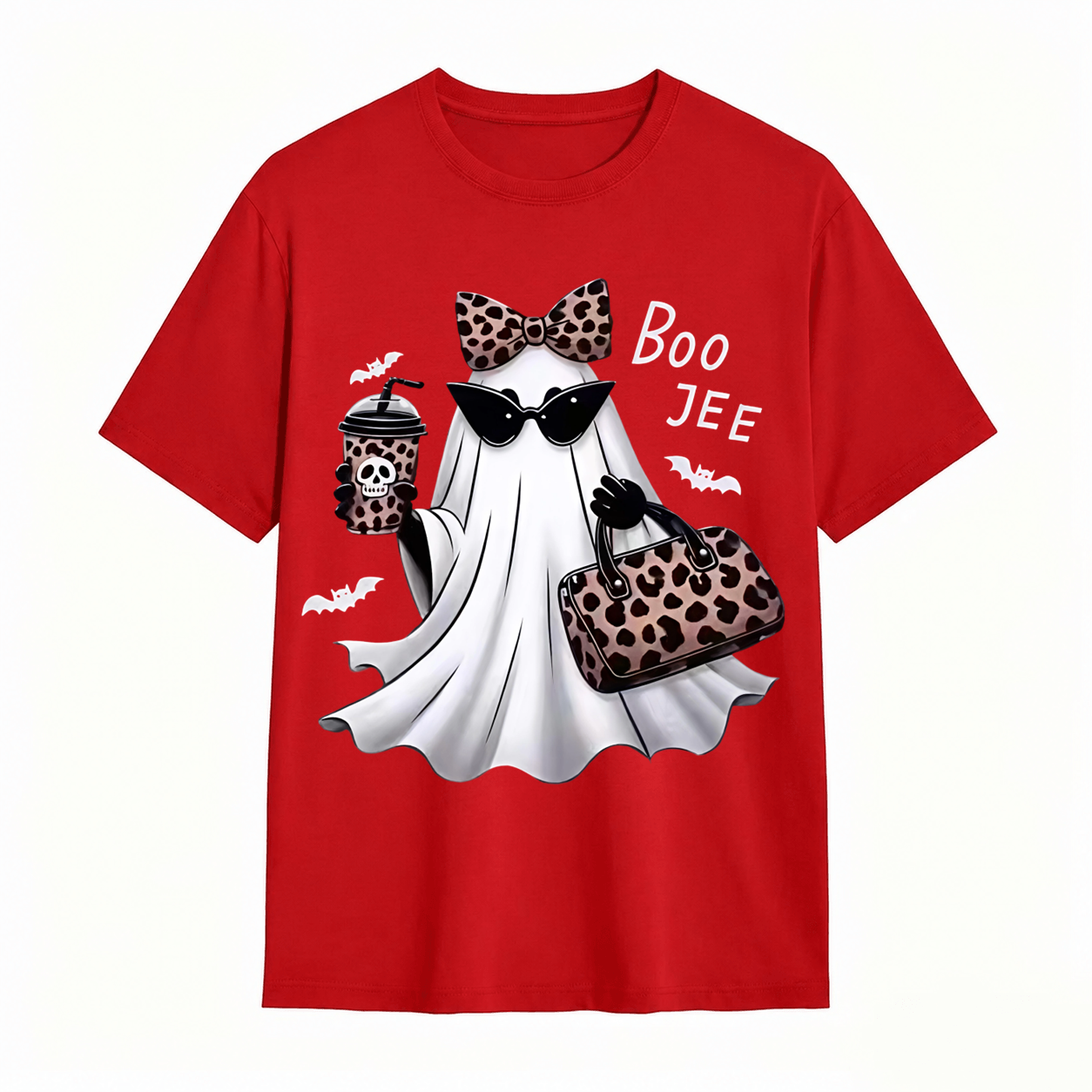 Spooky Chic Ghost Graphic Halloween T-Shirt – Cute Leopard Print Bow & Coffee Casual Tee