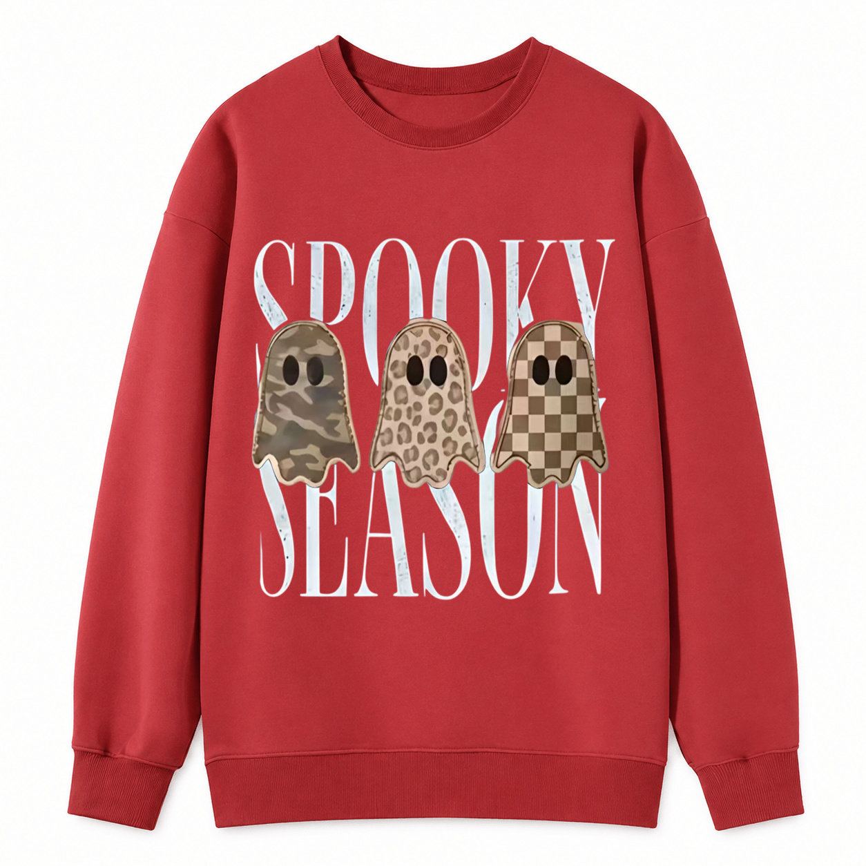 Spooky Season Ghost Graphic Sweatshirt – Camo, Leopard & Checkered Halloween Crewneck Pullover