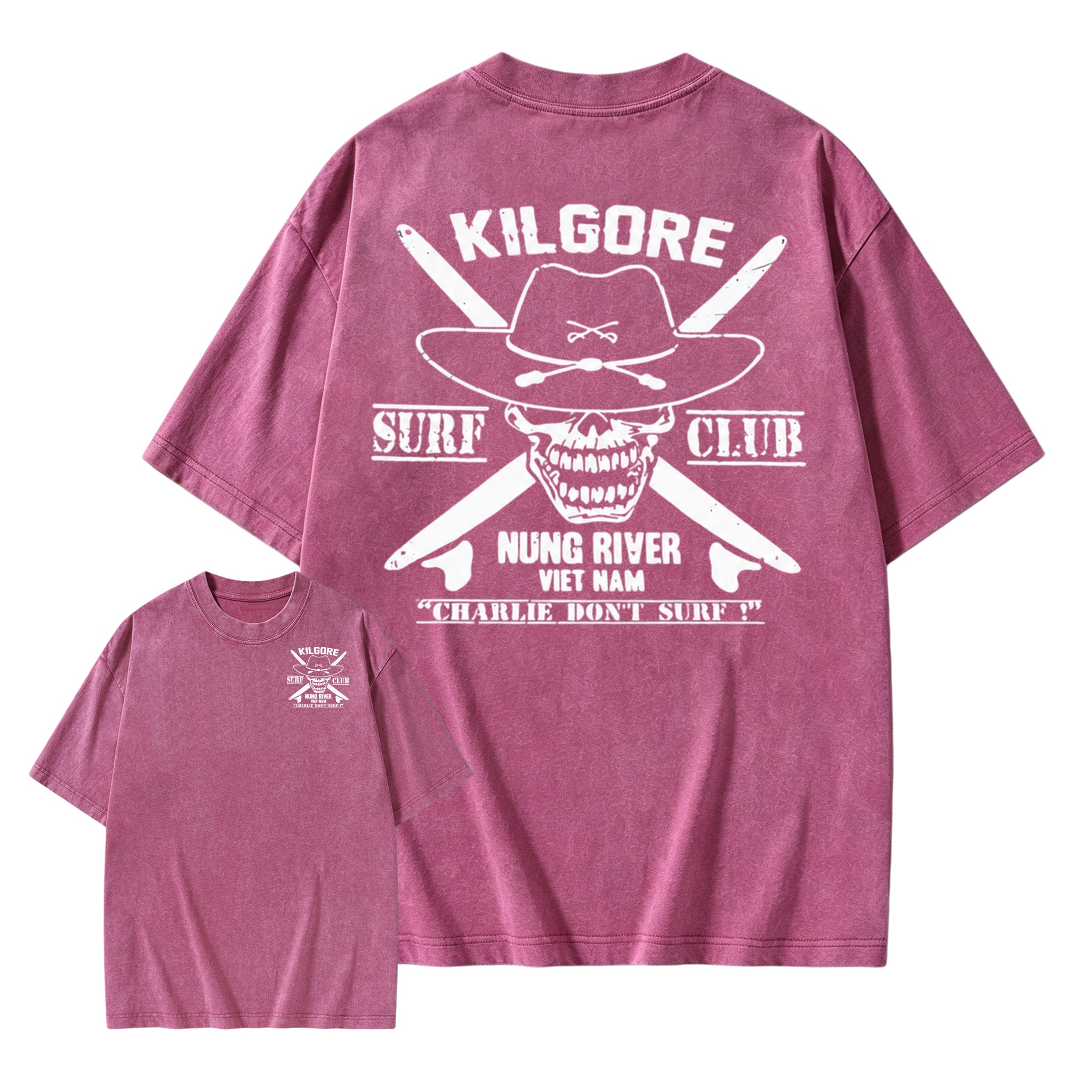 Kilgore Surf Club Nung River Viet Nam Acid Wash T-Shirt | Apocalypse Now Charlie Don't Surf Double Sided Vintage Tee