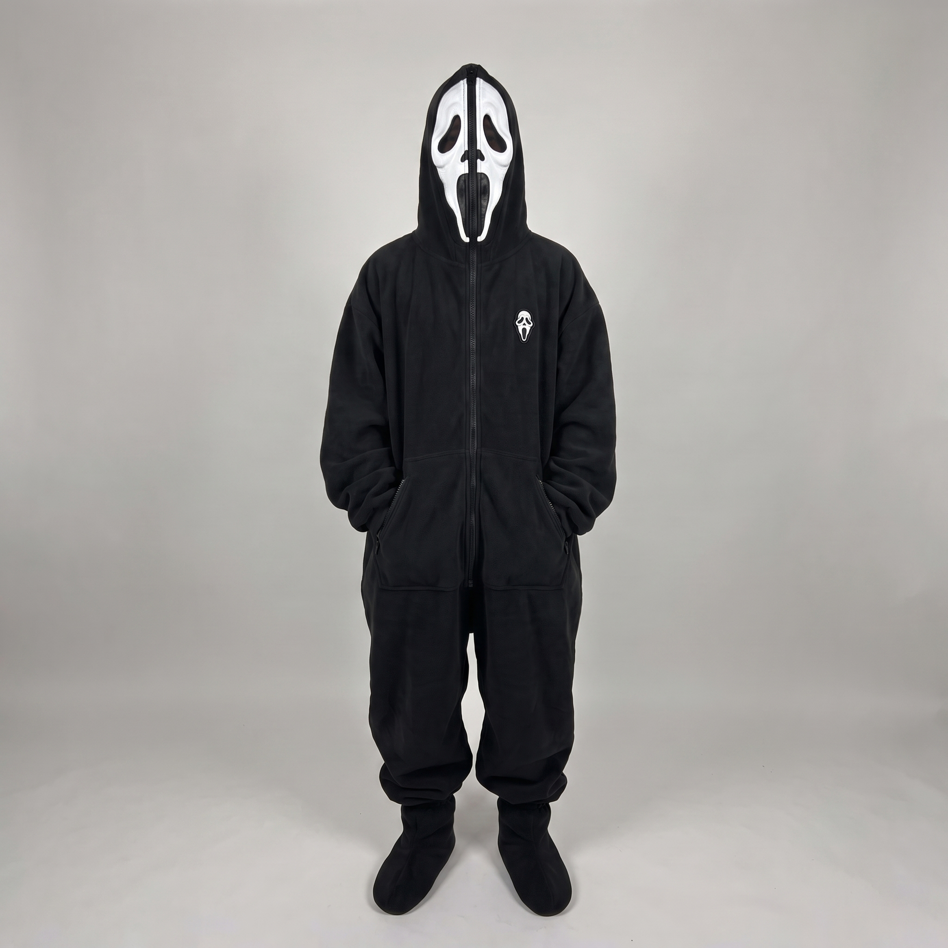 Ghost Face Scream Onesie Costume Adult Full Zip Fleece Footed Jumpsuit Halloween Horror Movie Cosplay Pajamas
