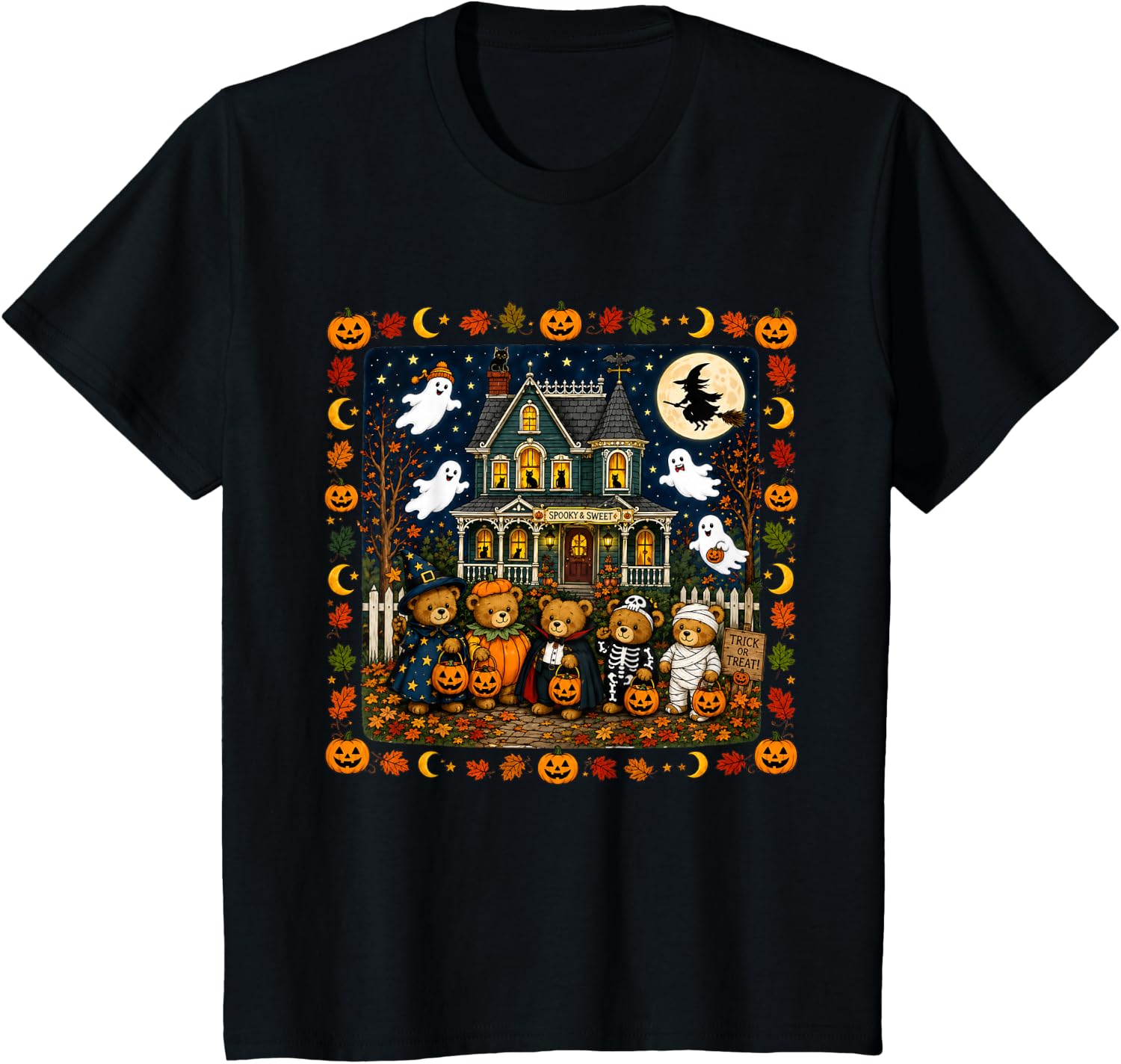 Spooky & Sweet Halloween Teddy Bear Haunted House Graphic T-Shirt, Retro Fall Ghost Witch Pumpkin Autumn Tee