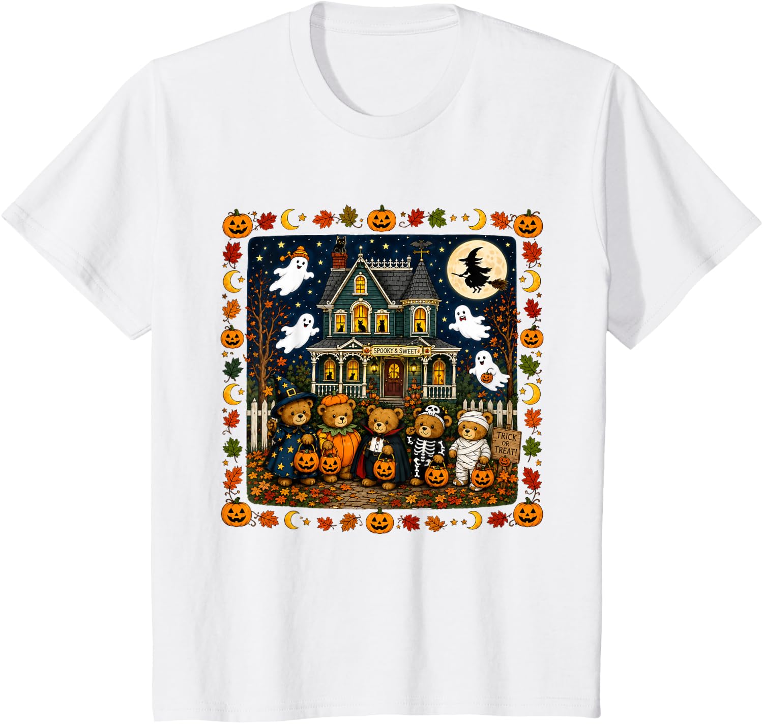 Spooky & Sweet Halloween Teddy Bear Haunted House Graphic T-Shirt, Retro Fall Ghost Witch Pumpkin Autumn Tee