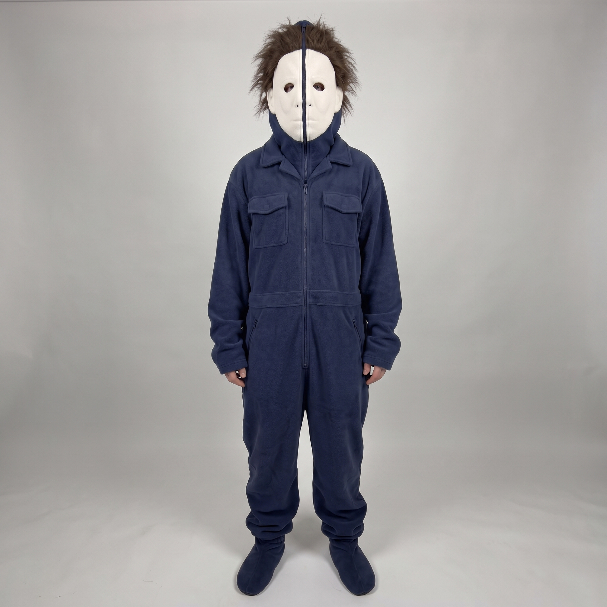 Ghost Face Scream Onesie Costume Adult Full Zip Fleece Footed Jumpsuit Halloween Horror Movie Cosplay Pajamas