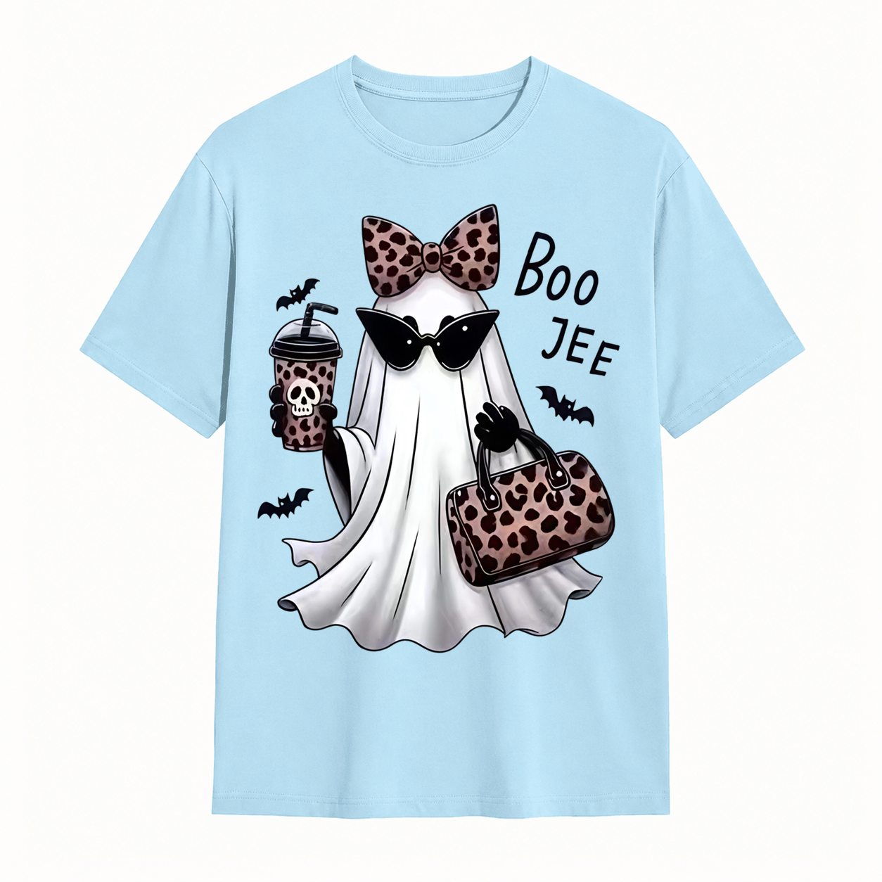 Spooky Chic Ghost Graphic Halloween T-Shirt – Cute Leopard Print Bow & Coffee Casual Tee