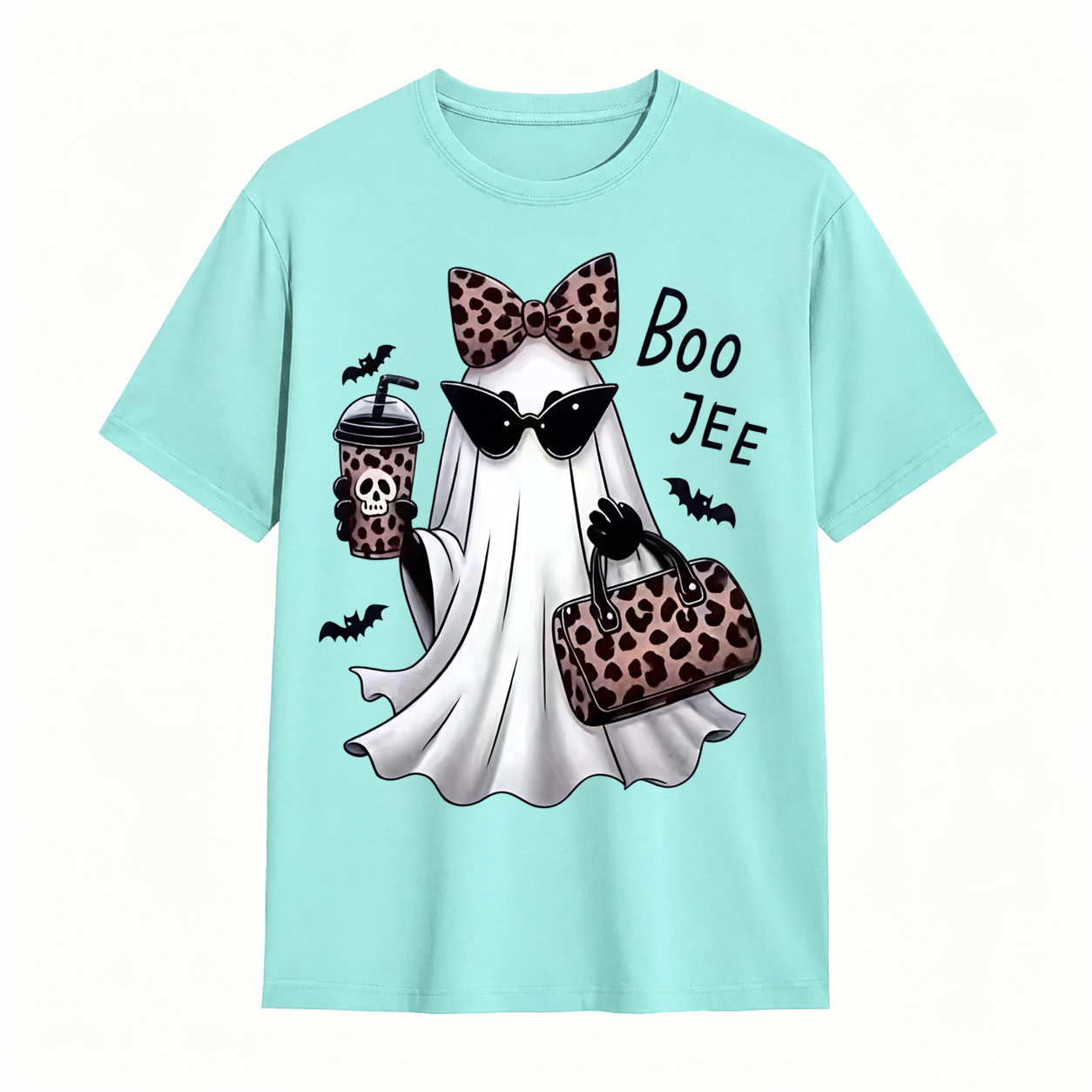Spooky Chic Ghost Graphic Halloween T-Shirt – Cute Leopard Print Bow & Coffee Casual Tee