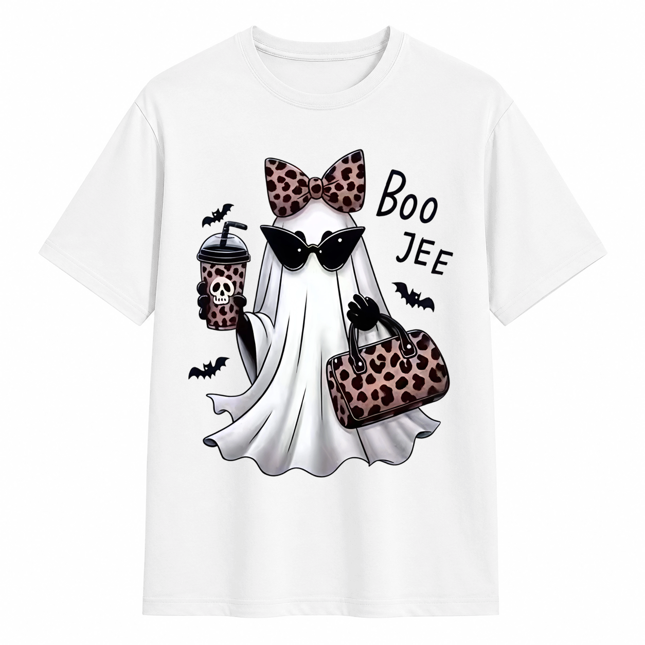 Spooky Chic Ghost Graphic Halloween T-Shirt – Cute Leopard Print Bow & Coffee Casual Tee