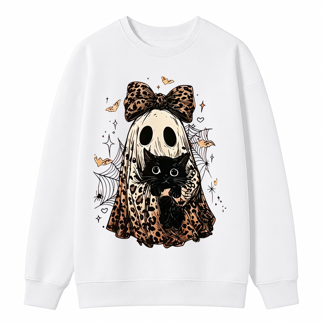 Coquette Leopard Ghost Black Cat Sweatshirt | Spooky Fall Halloween Pullover