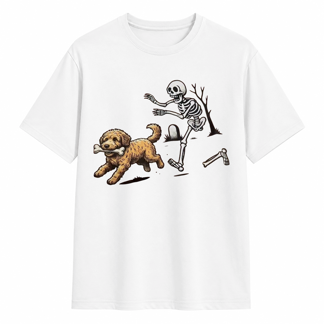 Funny Skeleton Chasing Dog Halloween Graphic T-Shirt