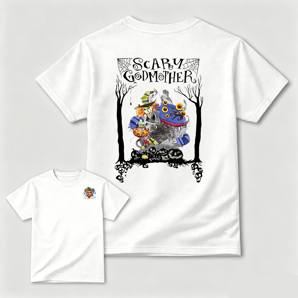 Scary Godmother Halloween Witch Graphic T-Shirt Front Small Back Big Print Tee