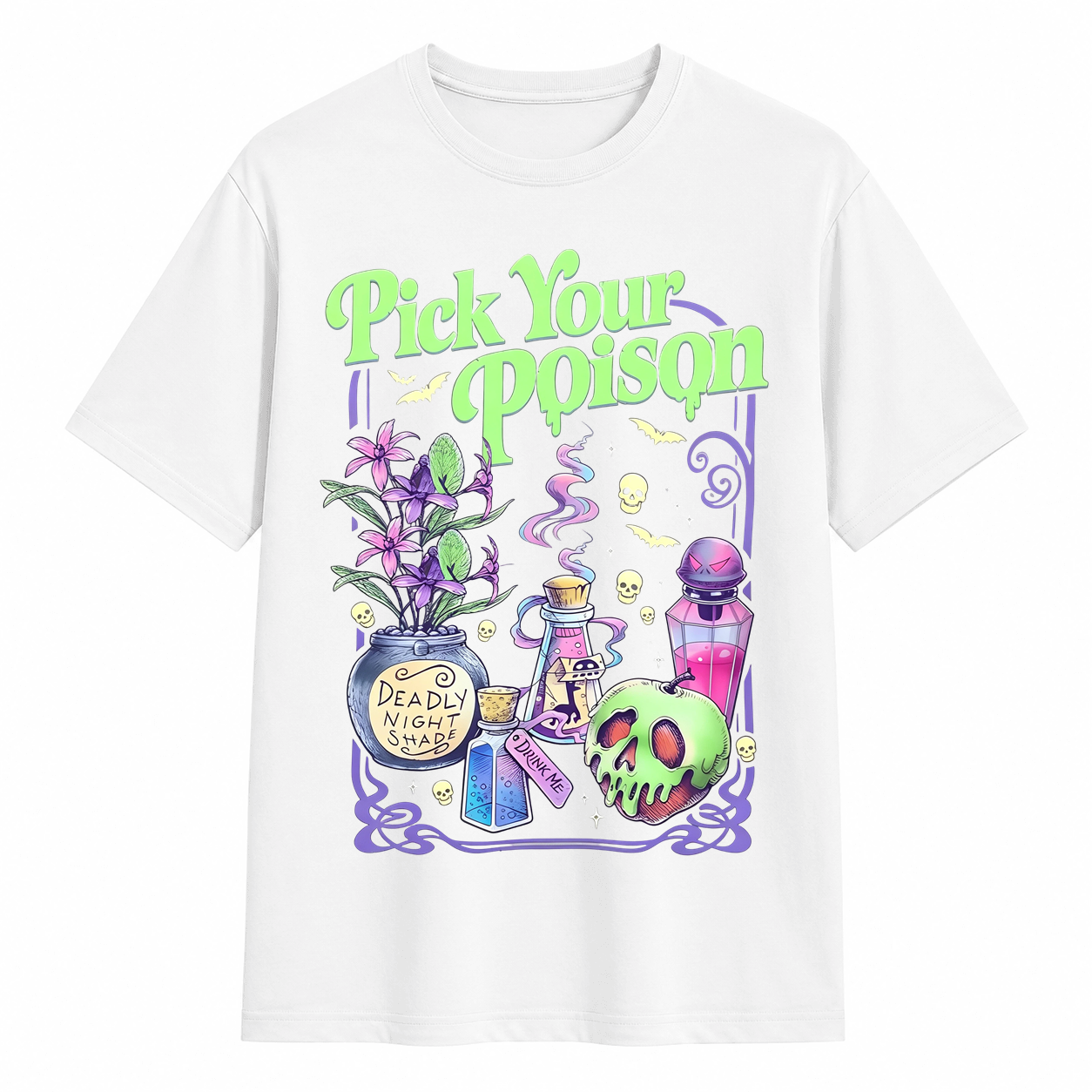 Pick Your Poison Halloween T-Shirt – Spooky Gothic Potion Graphic Tee, Dark Witchy Aesthetic Shirt for Halloween Lovers