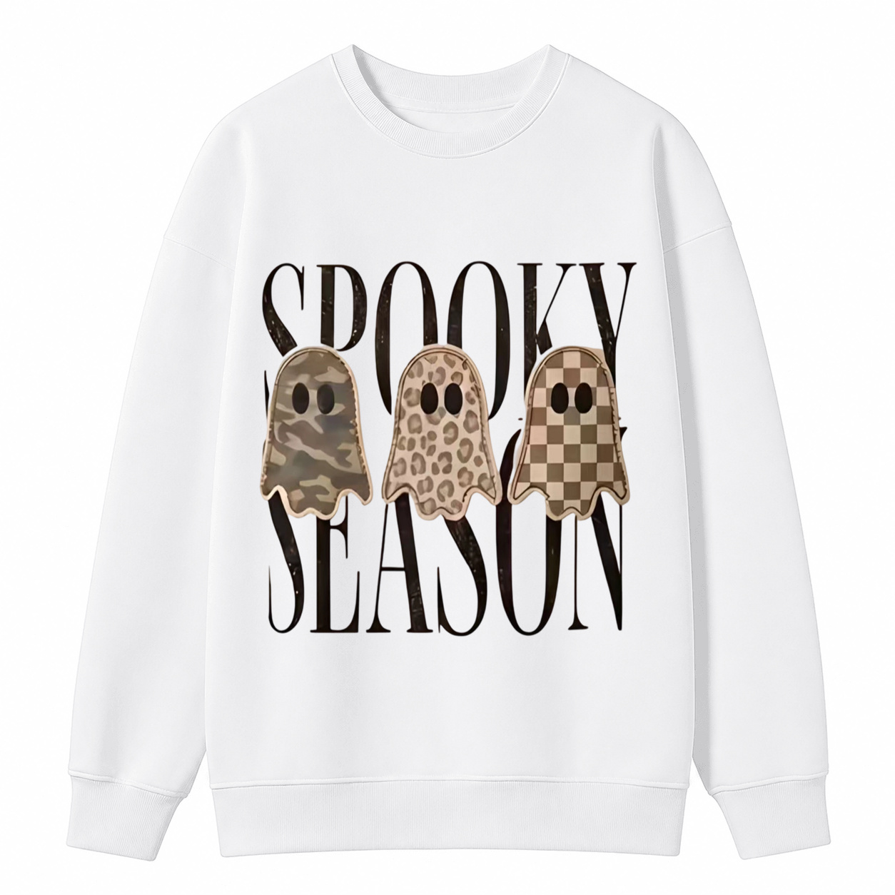 Spooky Season Ghost Graphic Sweatshirt – Camo, Leopard & Checkered Halloween Crewneck Pullover