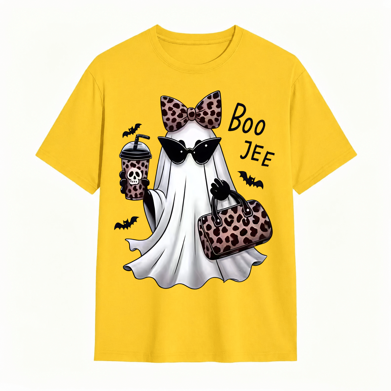 Spooky Chic Ghost Graphic Halloween T-Shirt – Cute Leopard Print Bow & Coffee Casual Tee