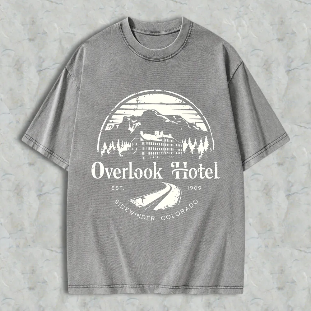 Overlook Hotel Mountain Scene With Trees And Building Design Unisex Washed T-shirt