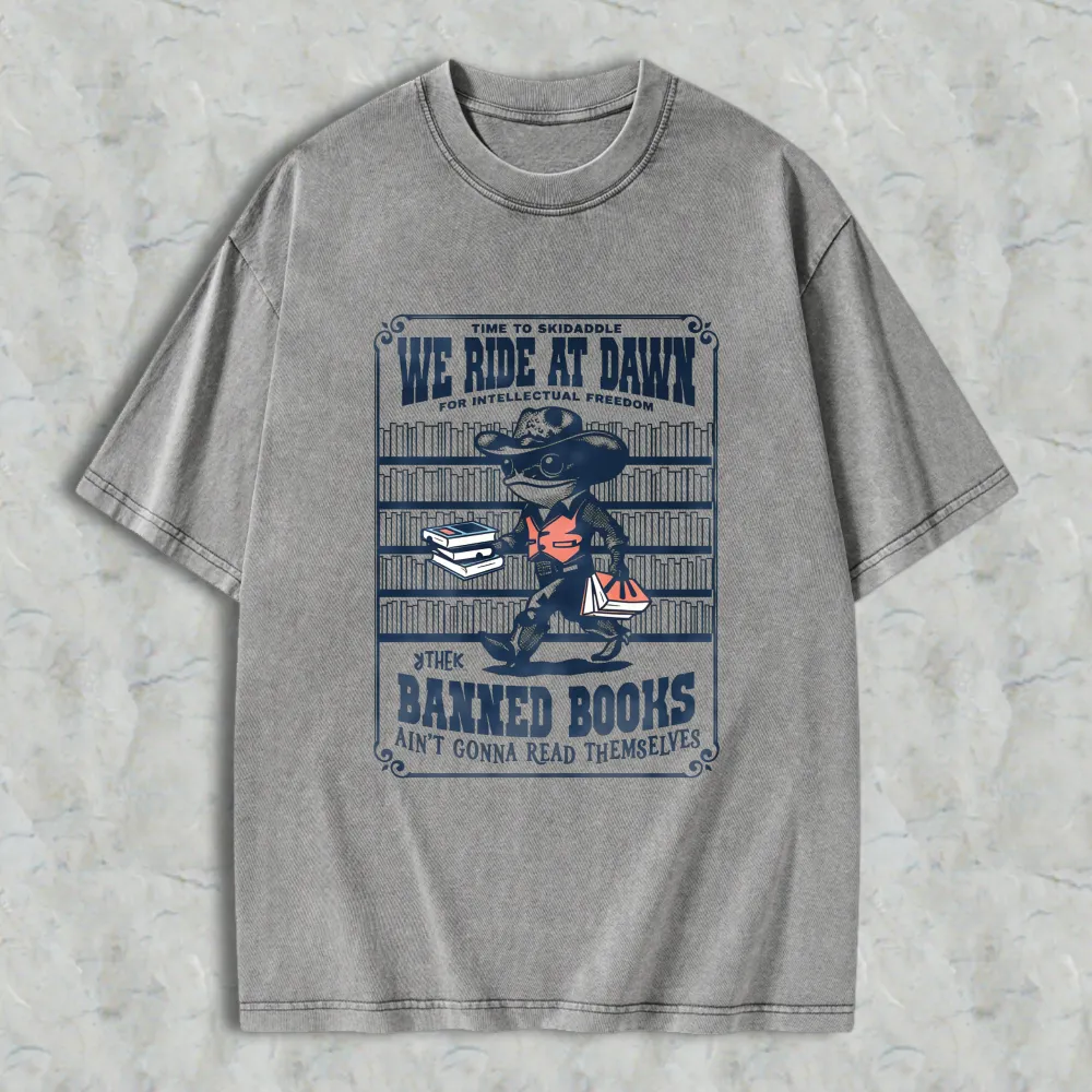 We Ride At Dawn Baked Books Unisex Washed T-shirt