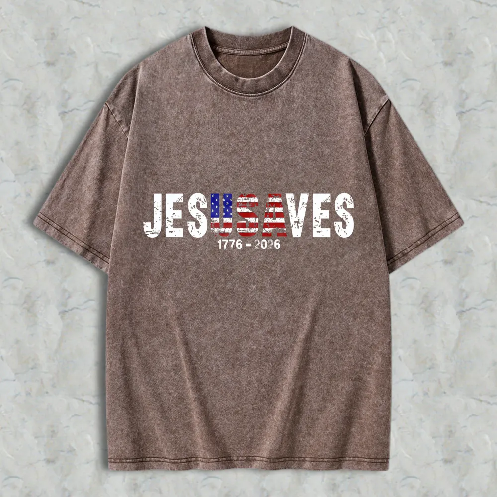 Jesus Saves American Flag Design 1776 2026 Washed T-shirt