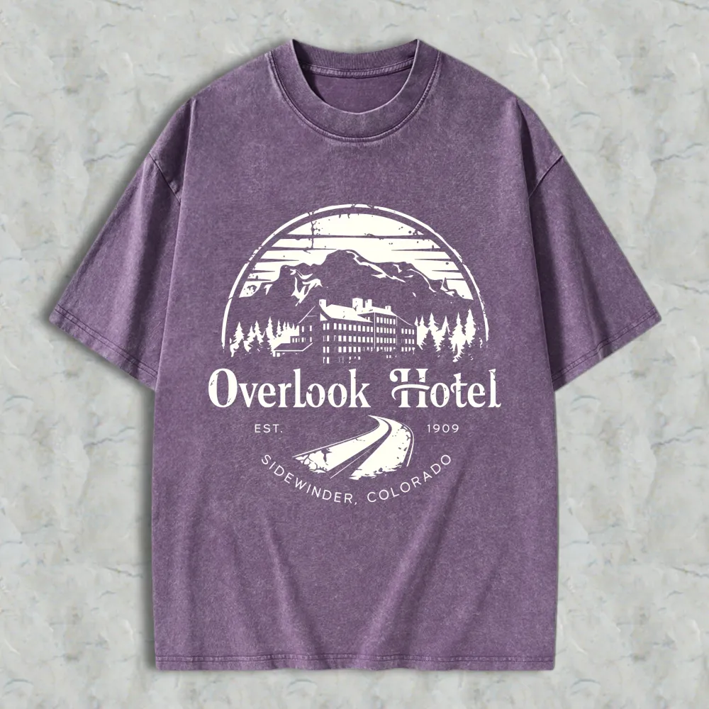Overlook Hotel Mountain Scene With Trees And Building Design Unisex Washed T-shirt