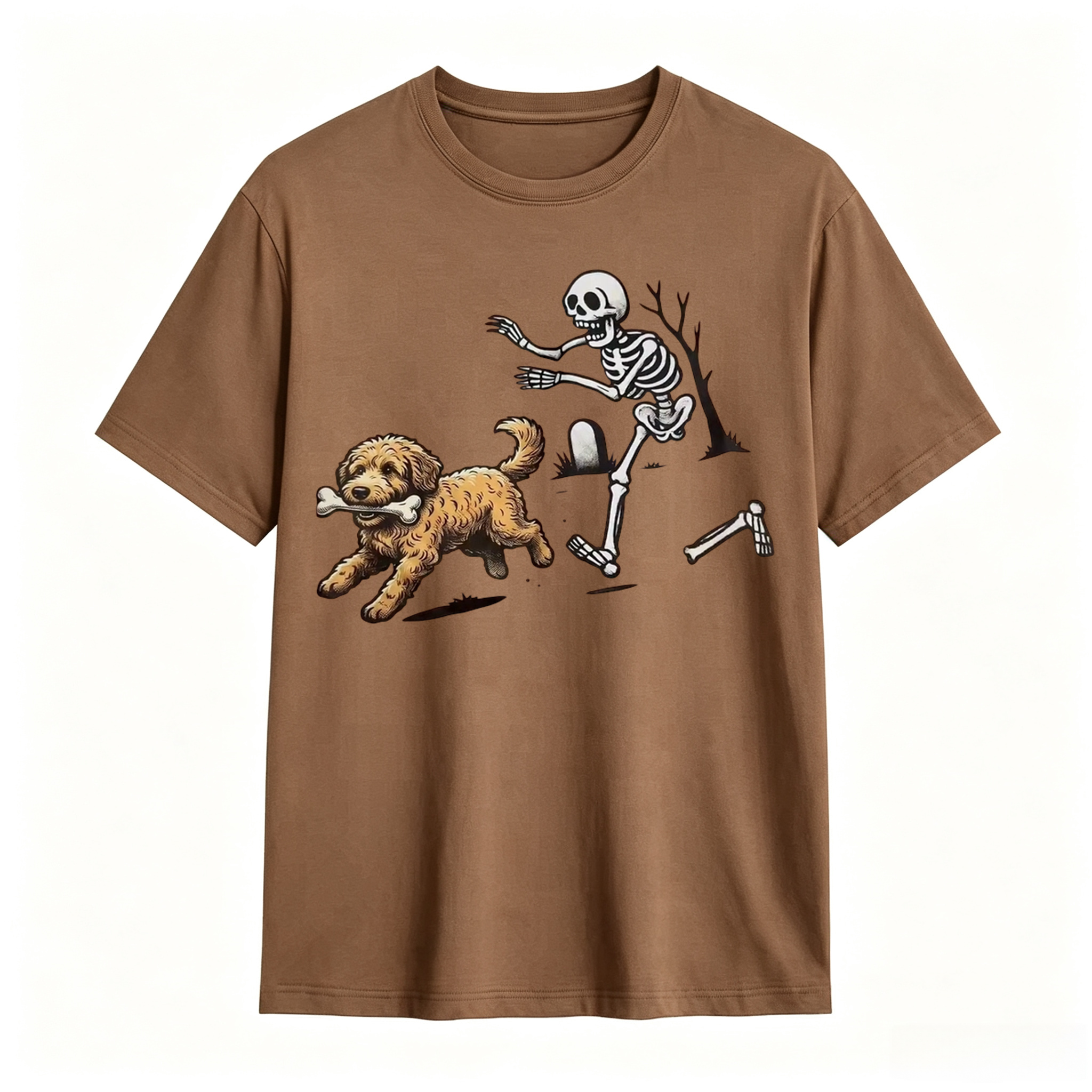 Funny Skeleton Chasing Dog Halloween Graphic T-Shirt