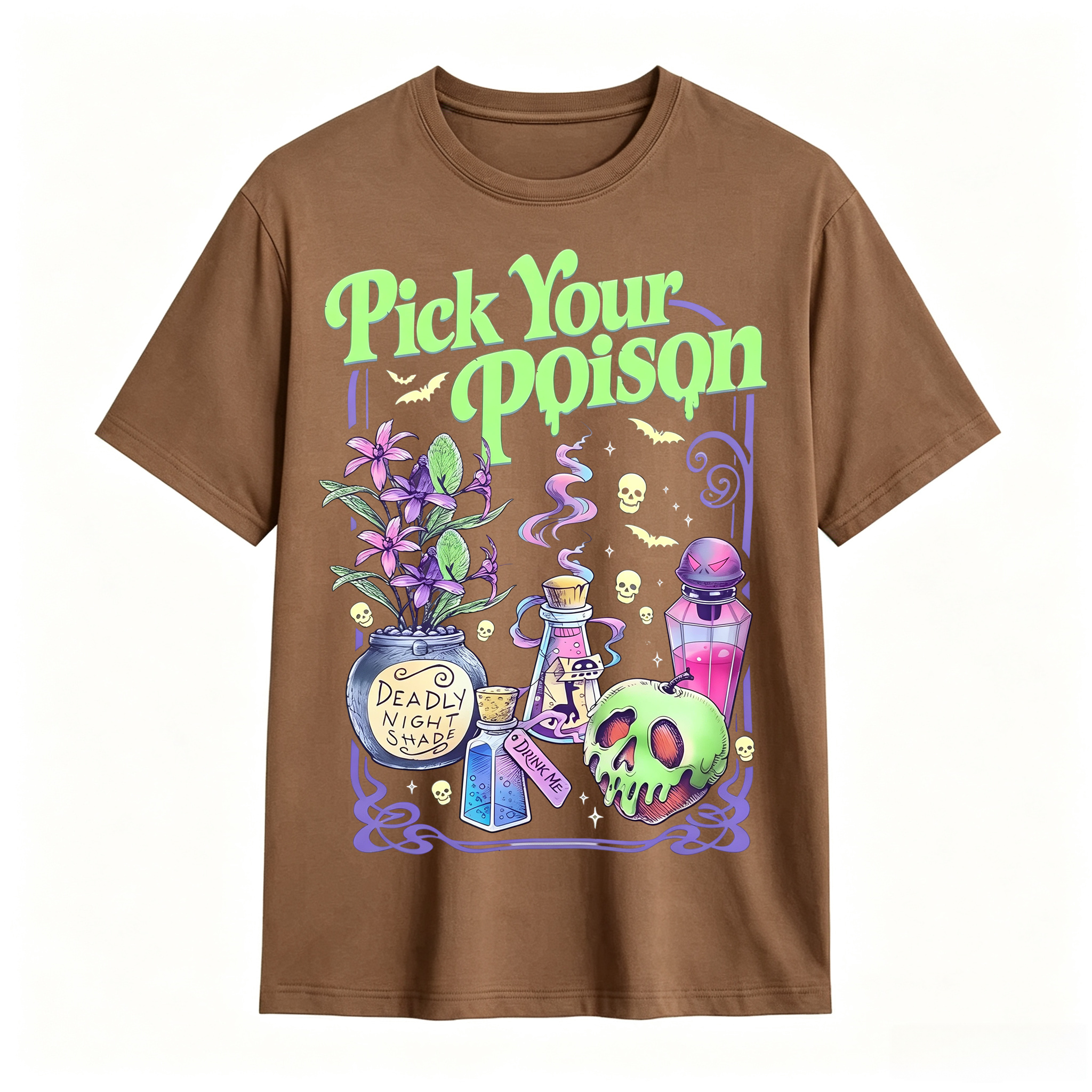 Pick Your Poison Halloween T-Shirt – Spooky Gothic Potion Graphic Tee, Dark Witchy Aesthetic Shirt for Halloween Lovers