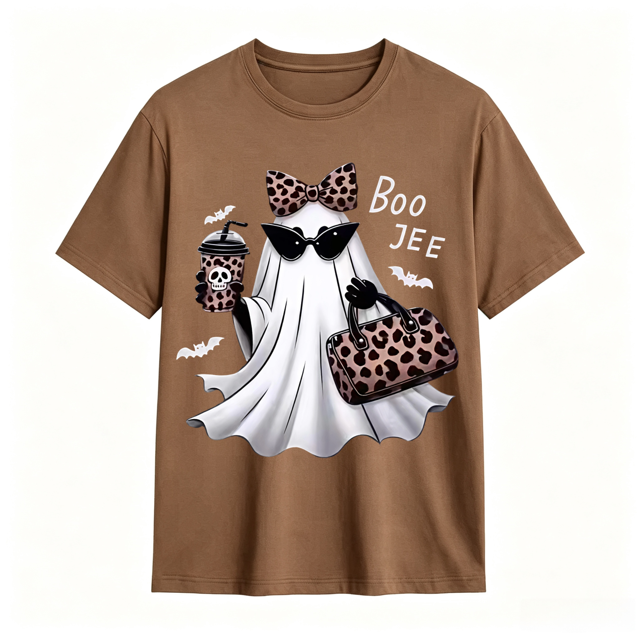Spooky Chic Ghost Graphic Halloween T-Shirt – Cute Leopard Print Bow & Coffee Casual Tee