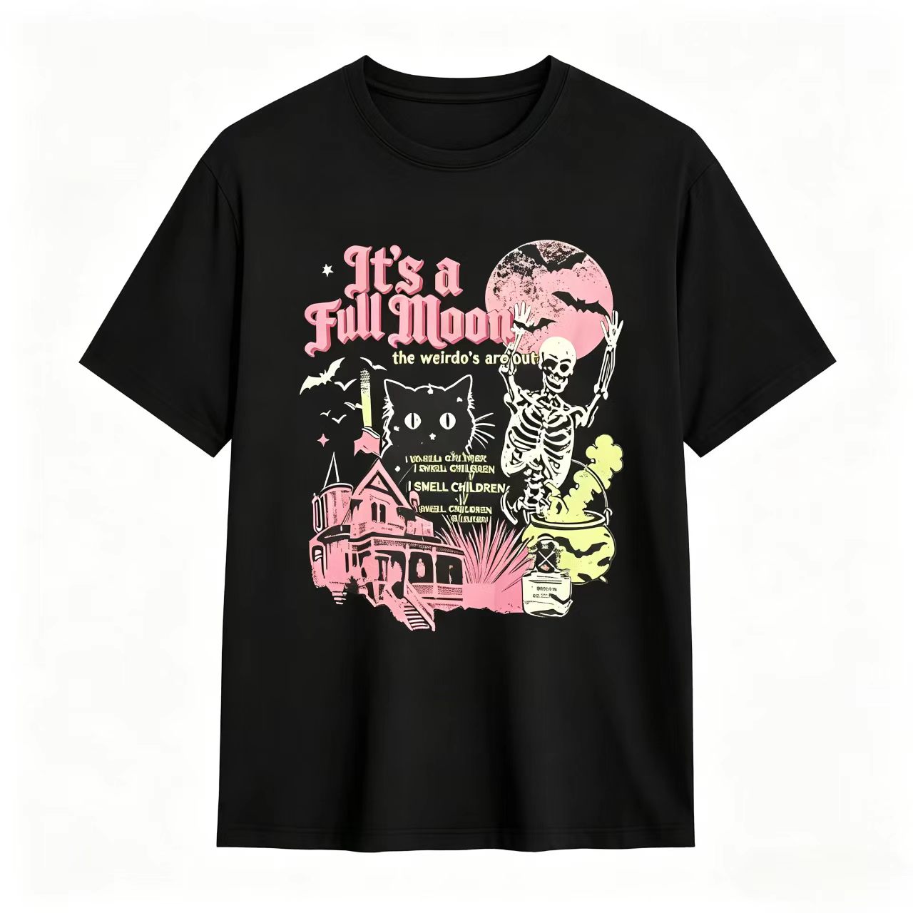 It's a Full Moon Halloween Graphic Sweatshirt – Vintage Skeleton, Black Cat & Haunted House Crewneck Pullover