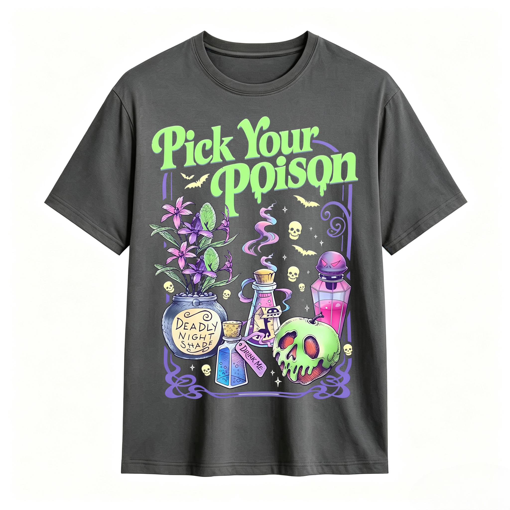 Pick Your Poison Halloween T-Shirt – Spooky Gothic Potion Graphic Tee, Dark Witchy Aesthetic Shirt for Halloween Lovers