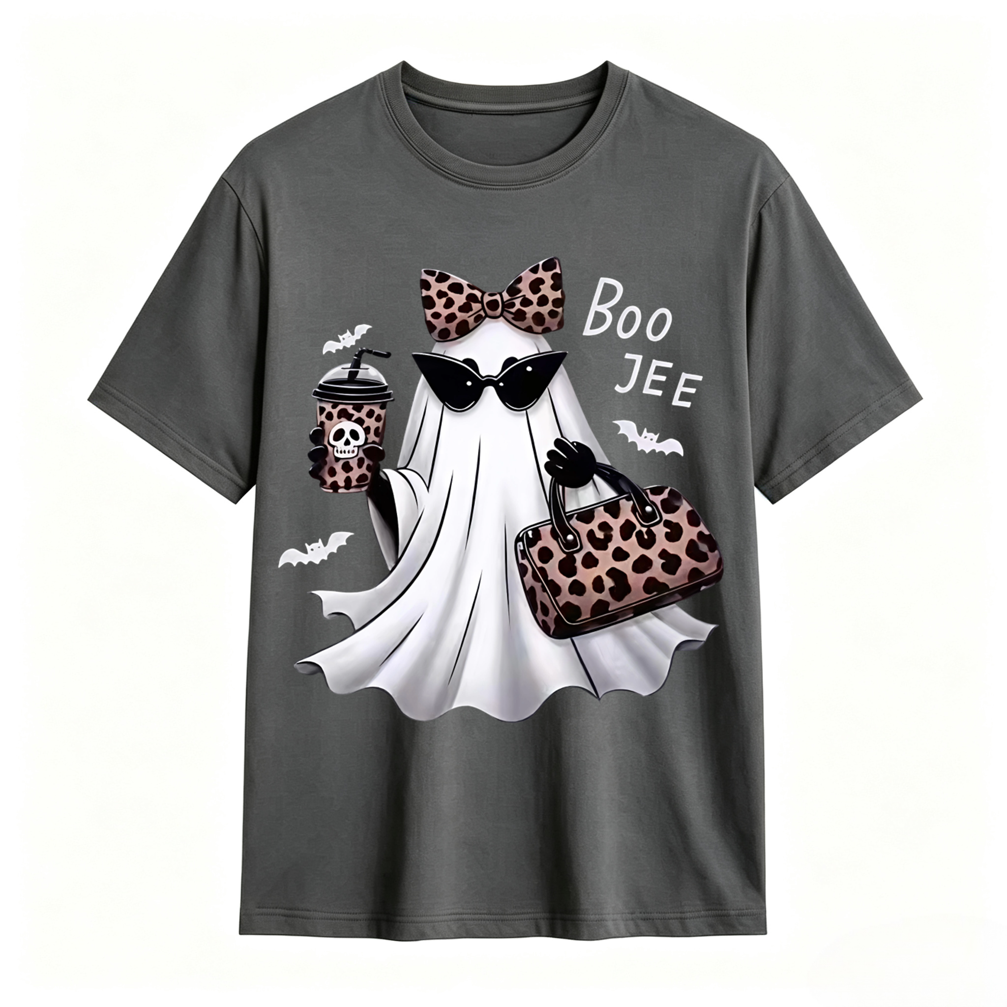 Spooky Chic Ghost Graphic Halloween T-Shirt – Cute Leopard Print Bow & Coffee Casual Tee