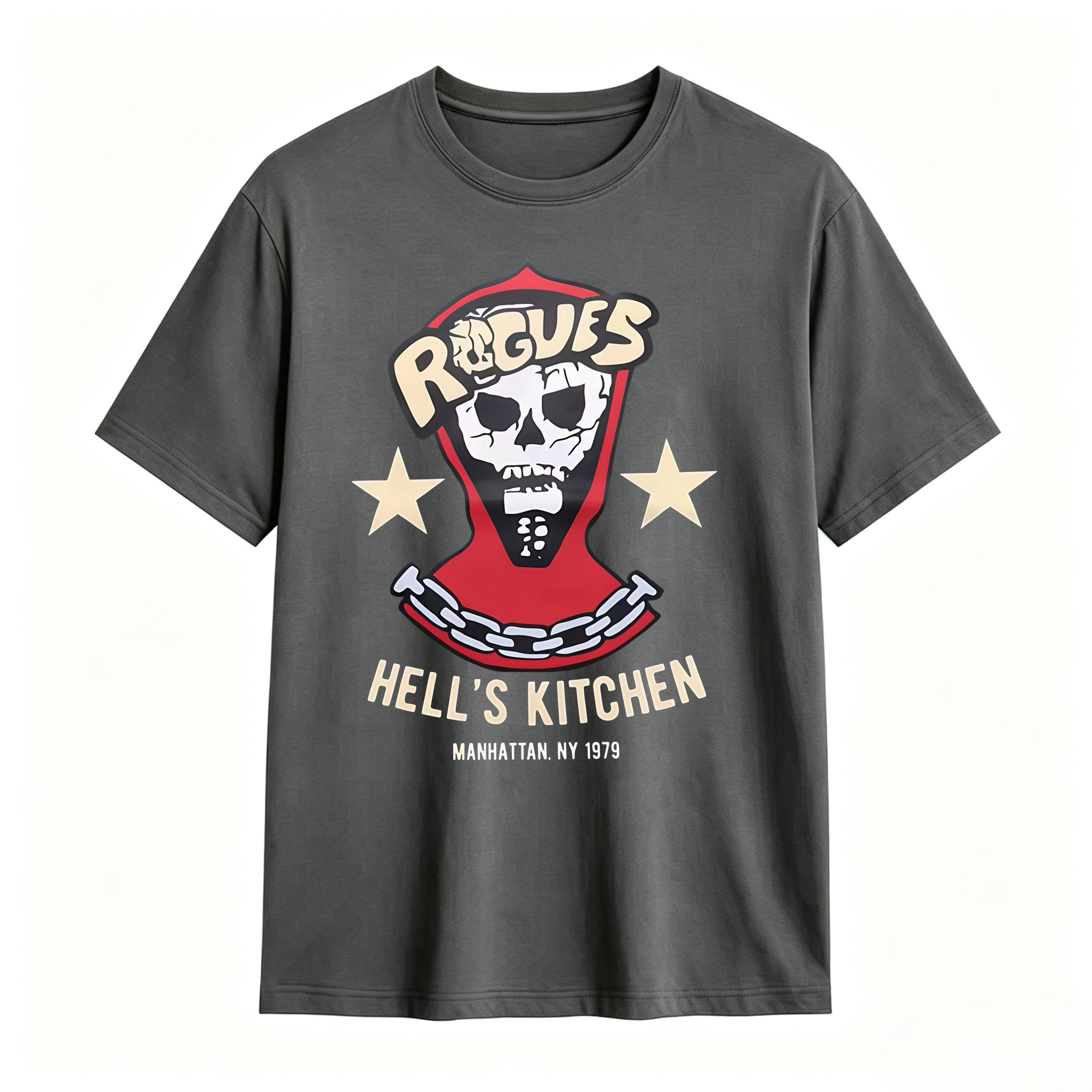 Rogues Hell's Kitchen 1979 Skull Graphic T‑Shirt, Manhattan NY Vintage Retro Tee