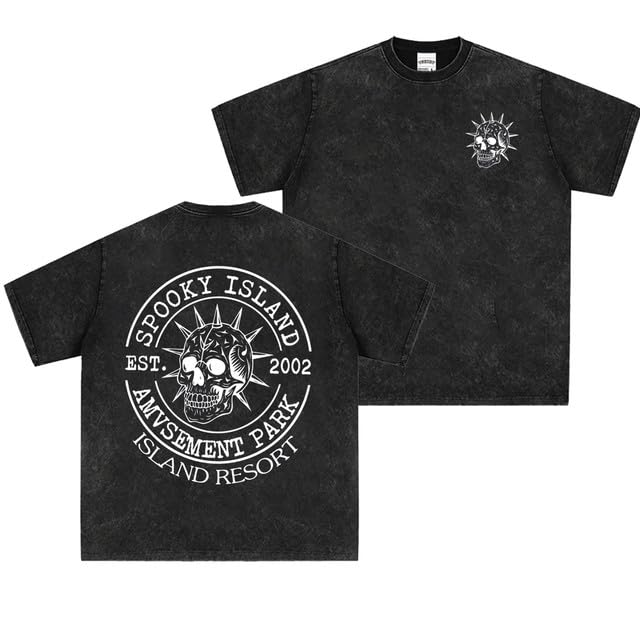 Vintage Washed Spooky Island Amusement Park EST 2002 Double Sided Tee | Retro Scooby Movie Skull Graphic T-Shirt