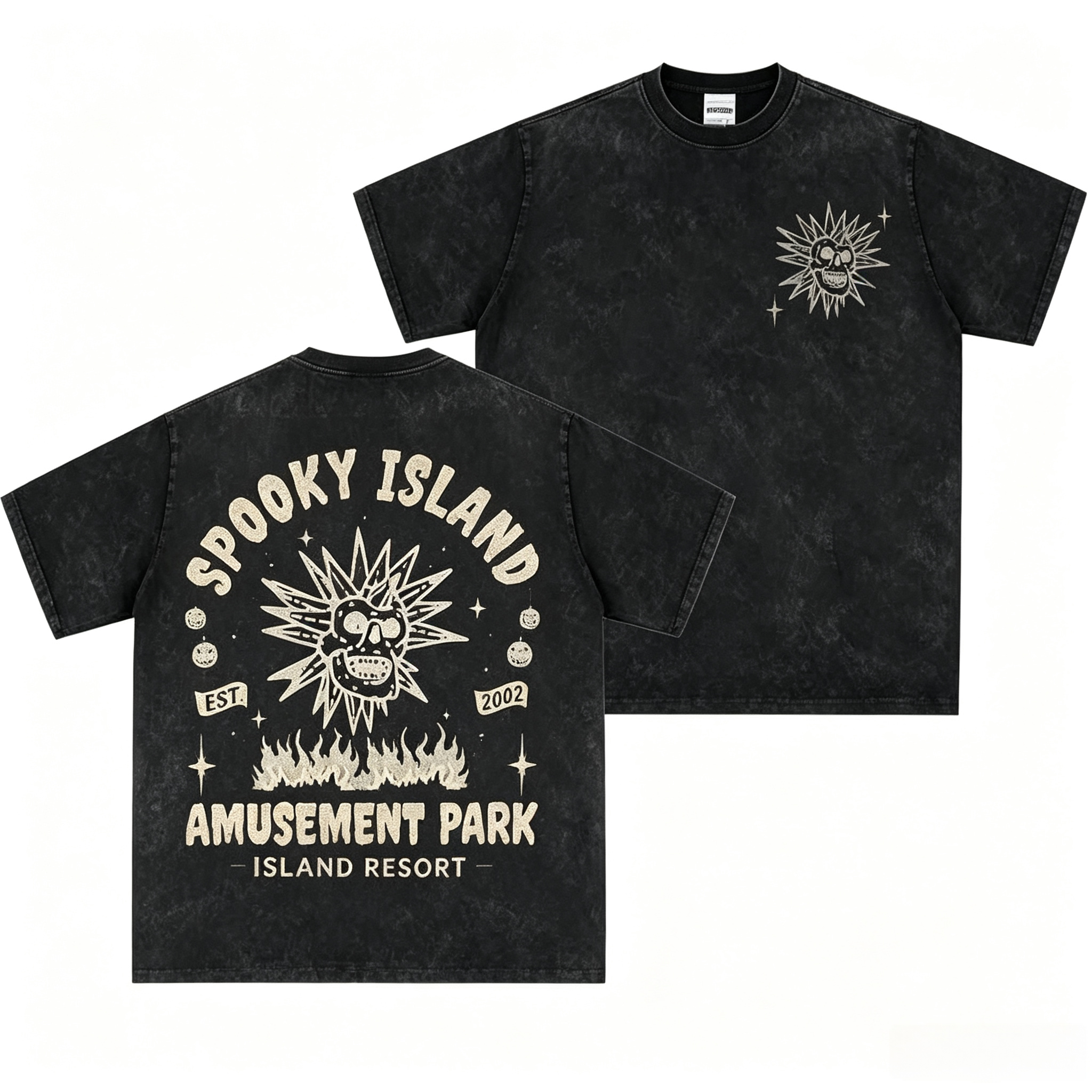 Vintage Washed Spooky Island Amusement Park EST 2002 Double Sided Tee | Retro Scooby Movie Skull Graphic T-Shirt