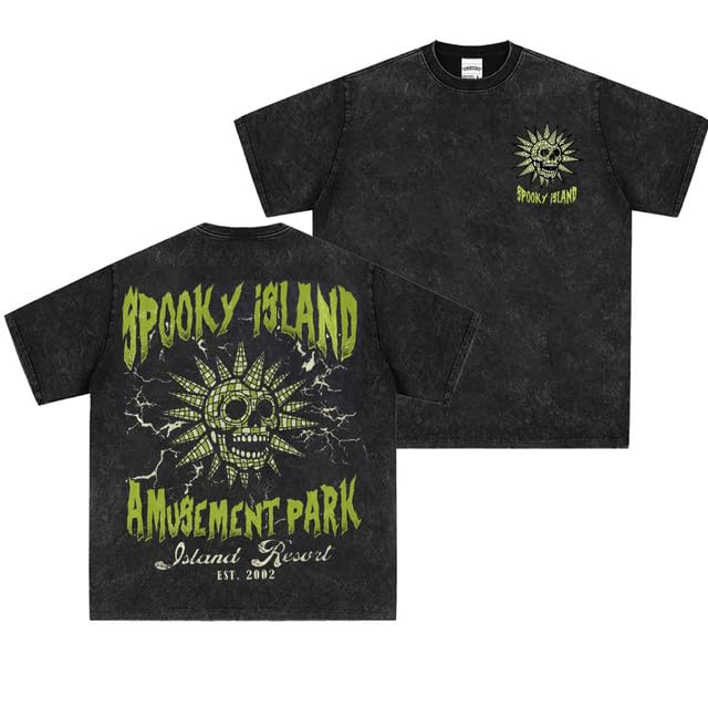 Vintage Washed Spooky Island Amusement Park EST 2002 Double Sided Tee | Retro Scooby Movie Skull Graphic T-Shirt