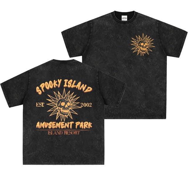 Vintage Washed Spooky Island Amusement Park EST 2002 Double Sided Tee | Retro Scooby Movie Skull Graphic T-Shirt