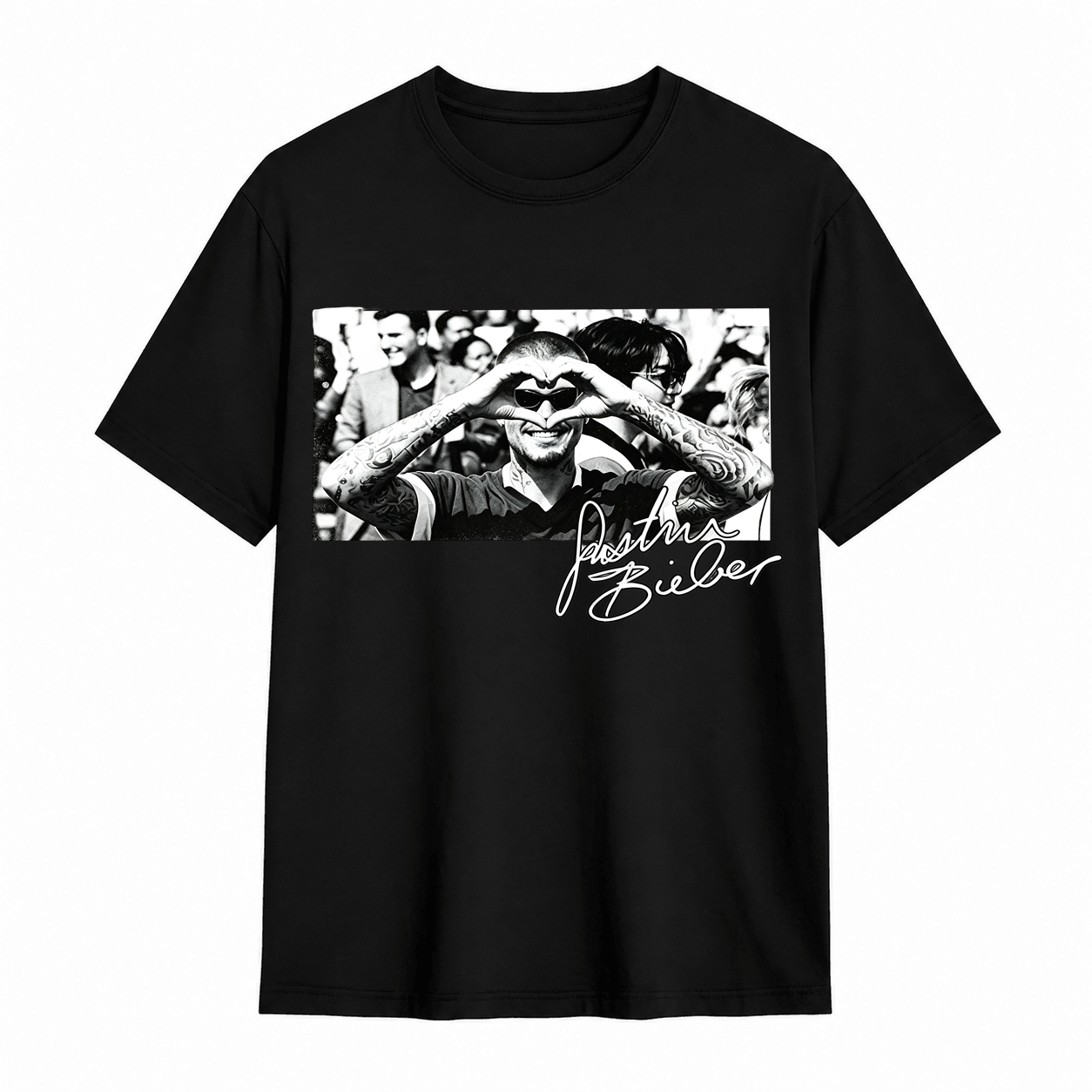 Vintage Black White Pop Star Hand Heart Portrait Retro Graphic T-Shirt	