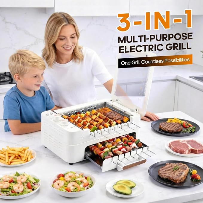 3-IN-1 Skewer Electric Indoor Grill -1000W Electric Grill