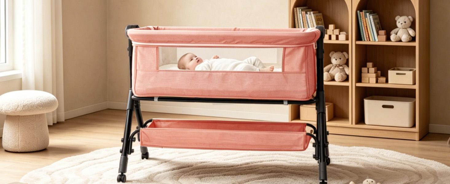 Baby Bassinet Crib, Crib for Infant&Newborn, Bedside Sleeper with Storage Basket and Mosquito Net, Easy to Fold, Height Adjustable, Portable Side Bed Crib
