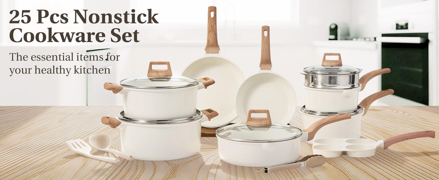 Sweetcrispy 25-Piece Sturdy Non-Stick Ceramic Granite Cookware Set - Lightweight Aluminum Cooking Pot Set, Glass Lids, Stay-Cool Handles, Induction Compatible, Anti-Adherent Household Items for Healthy Cooking, Nonstick Cookware Sets