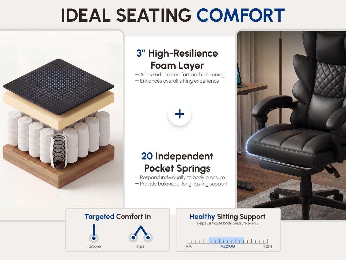 【Deals for you】Dowinx Big and Tall Office Chair with Pocket Spring Cushion,High Back Computer Gaming Chairs with Linkage Armrests,Executive Desk Chairs with Footrest,PU Leather