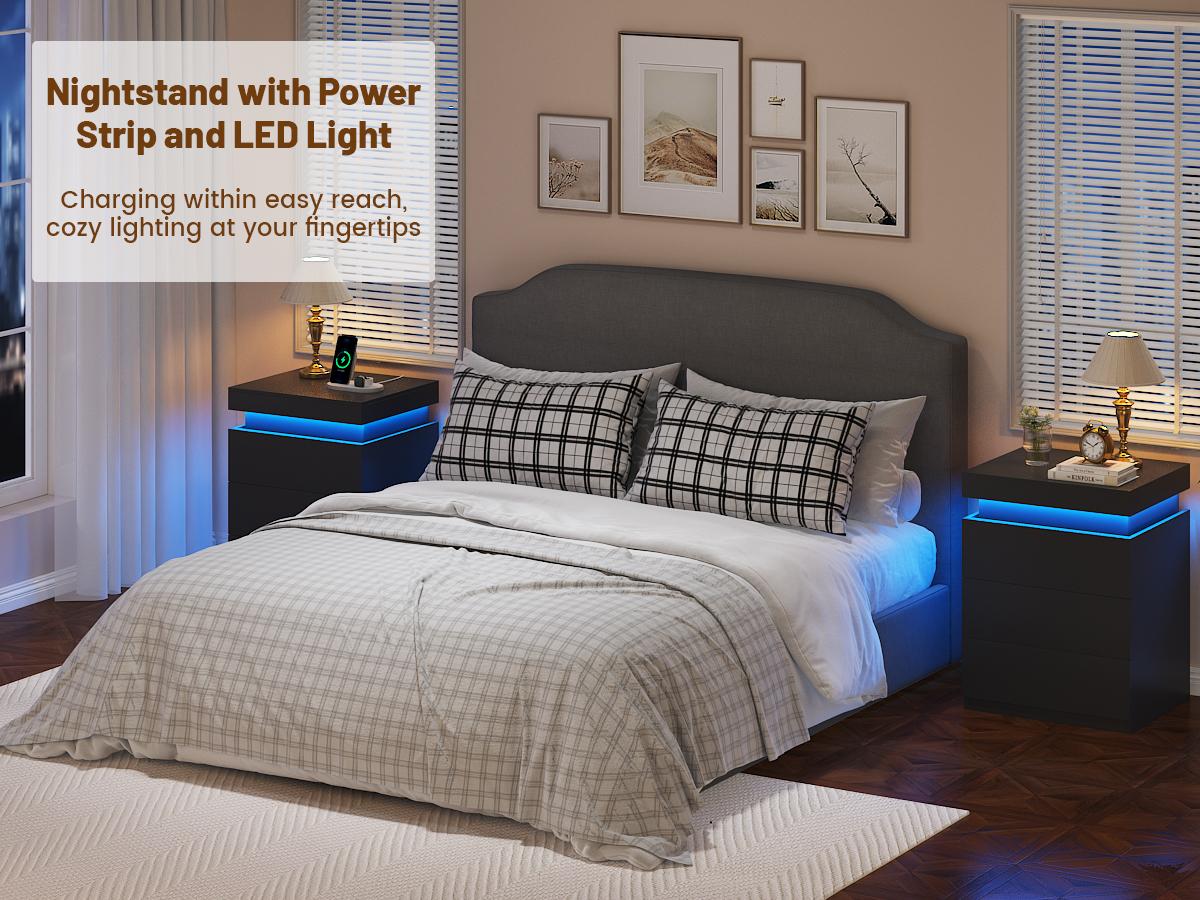 TryLazy Furniture Nightstand with Charging Station and LED Lights, Night Stand with Sliding Top for Bedroom, Bedside Table with Drawers, Modern End Side Table