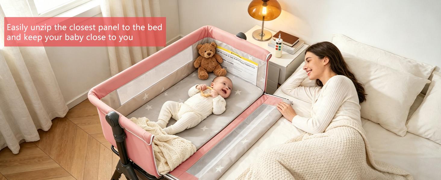 Baby Bassinet Crib, Crib for Infant&Newborn, Bedside Sleeper with Storage Basket and Mosquito Net, Easy to Fold, Height Adjustable, Portable Side Bed Crib