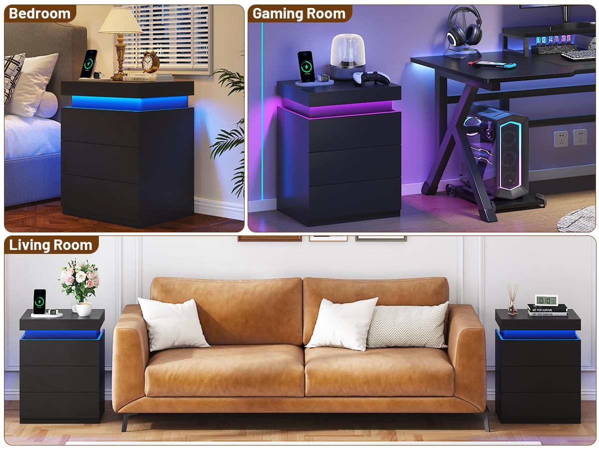 TryLazy Furniture Nightstand with Charging Station and LED Lights, Night Stand with Sliding Top for Bedroom, Bedside Table with Drawers, Modern End Side Table