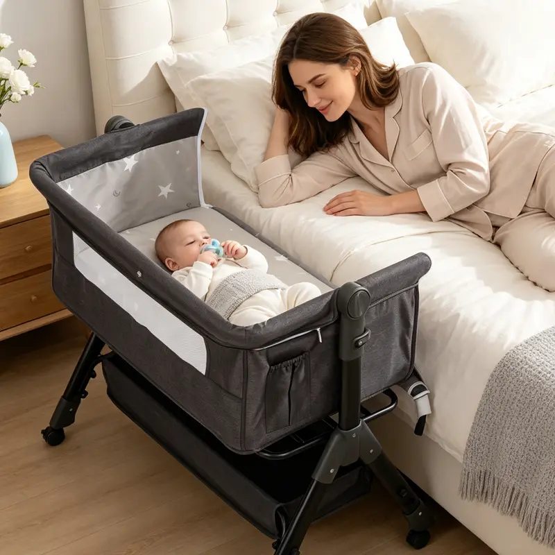 Baby Bassinet Crib-Bedside Sleeper with Storage Basket and Mosquito Net