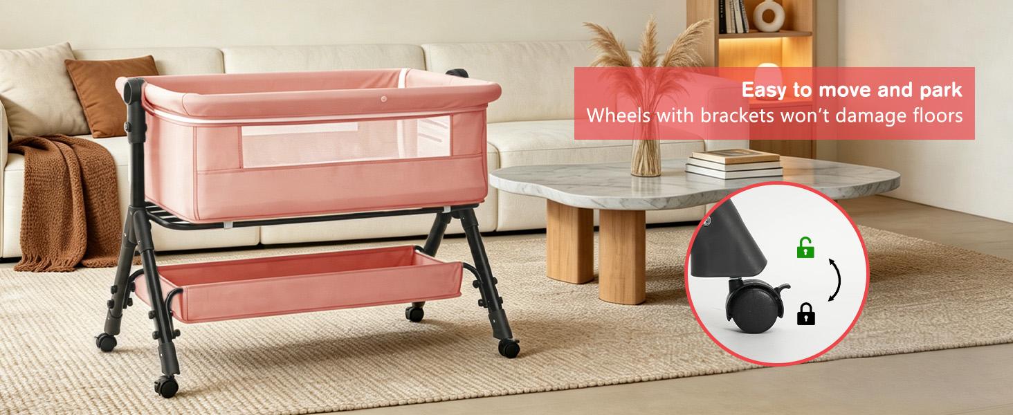 Baby Bassinet Crib, Crib for Infant&Newborn, Bedside Sleeper with Storage Basket and Mosquito Net, Easy to Fold, Height Adjustable, Portable Side Bed Crib