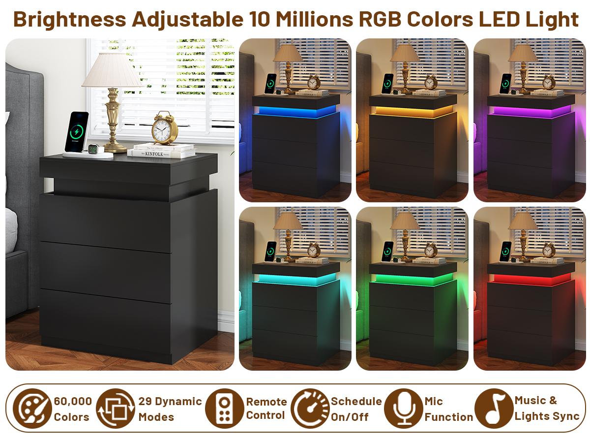 TryLazy Furniture Nightstand with Charging Station and LED Lights, Night Stand with Sliding Top for Bedroom, Bedside Table with Drawers, Modern End Side Table