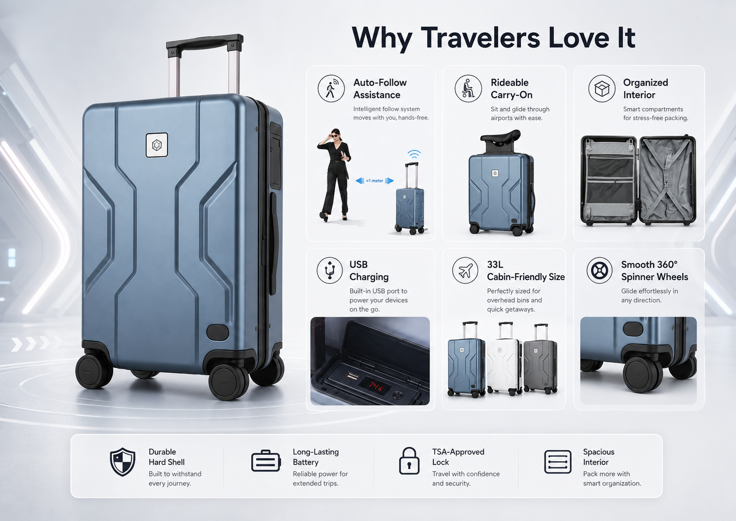 Smart suitcase features including auto-follow, charging, organized interior and spinner wheels