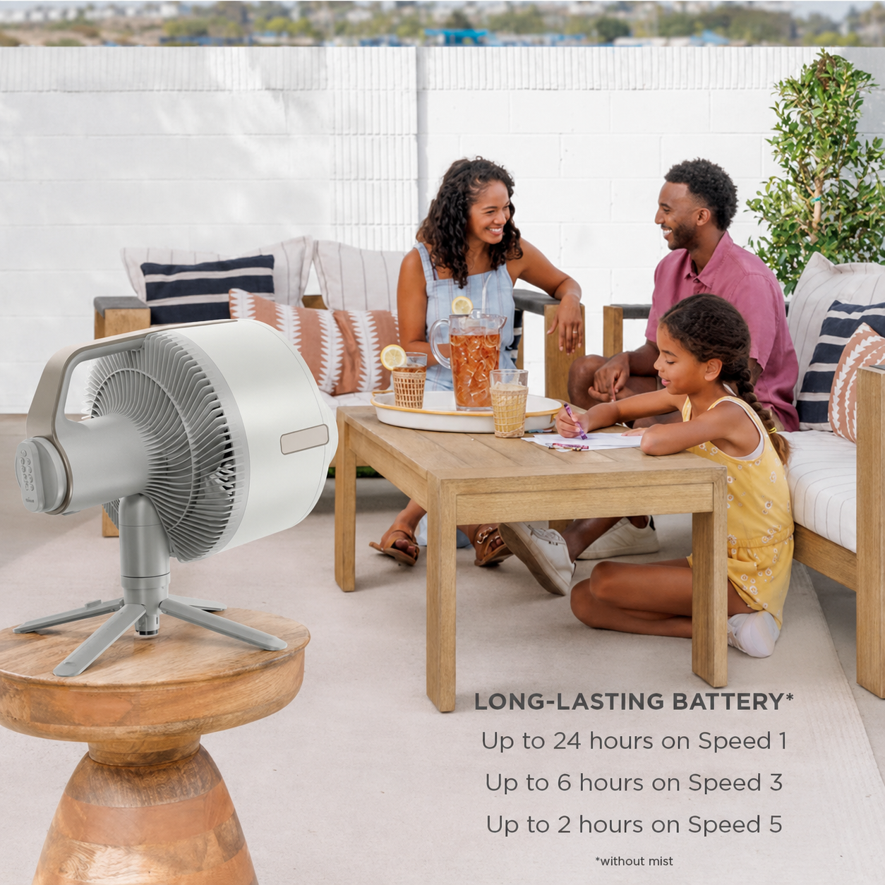 Portable Cordless Misting Fan – Indoor & Outdoor Floor and Tabletop Fan with 24-Hour Battery and Remote