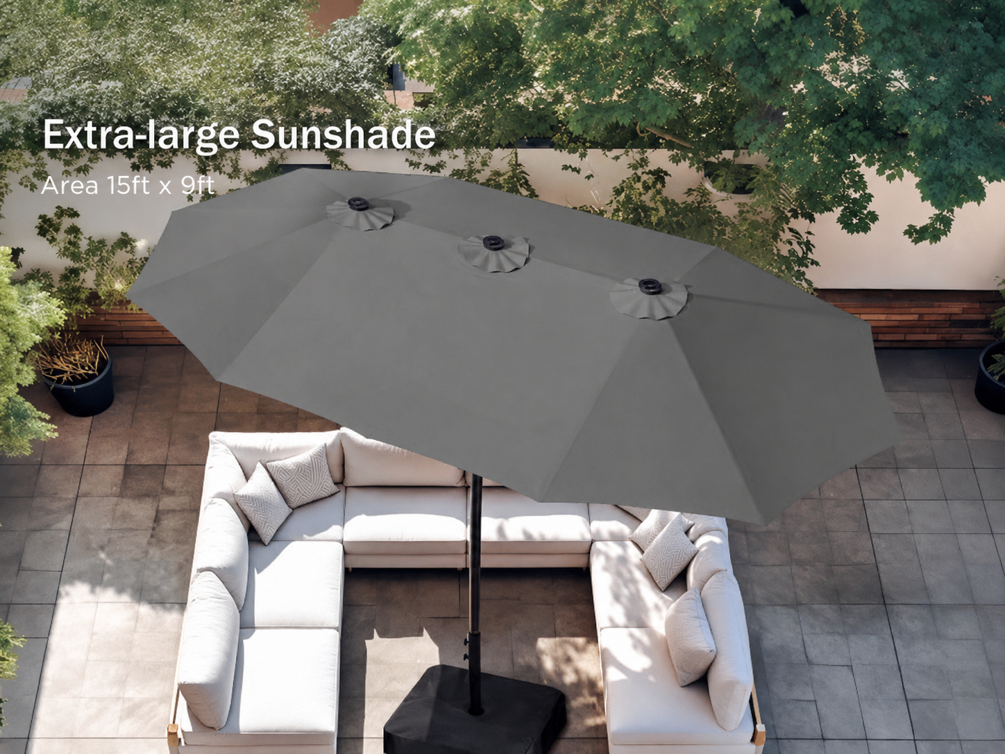 Top view showing approximately 15 foot by 9 foot umbrella coverage