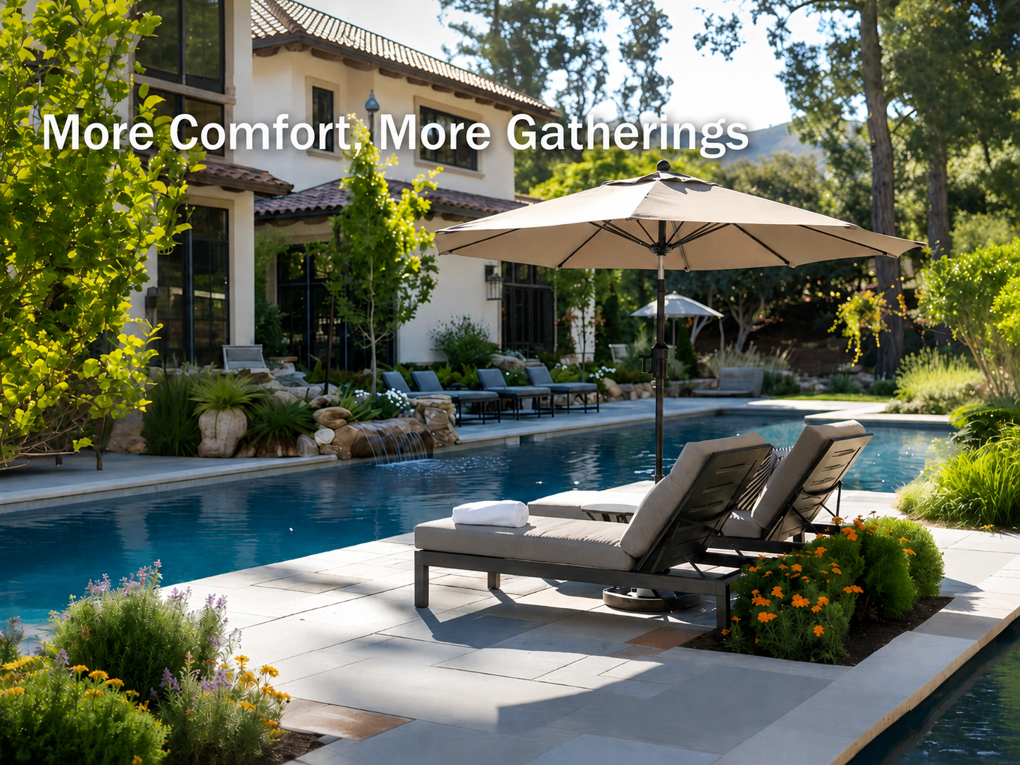 Large outdoor umbrella creating a comfortable poolside relaxation area